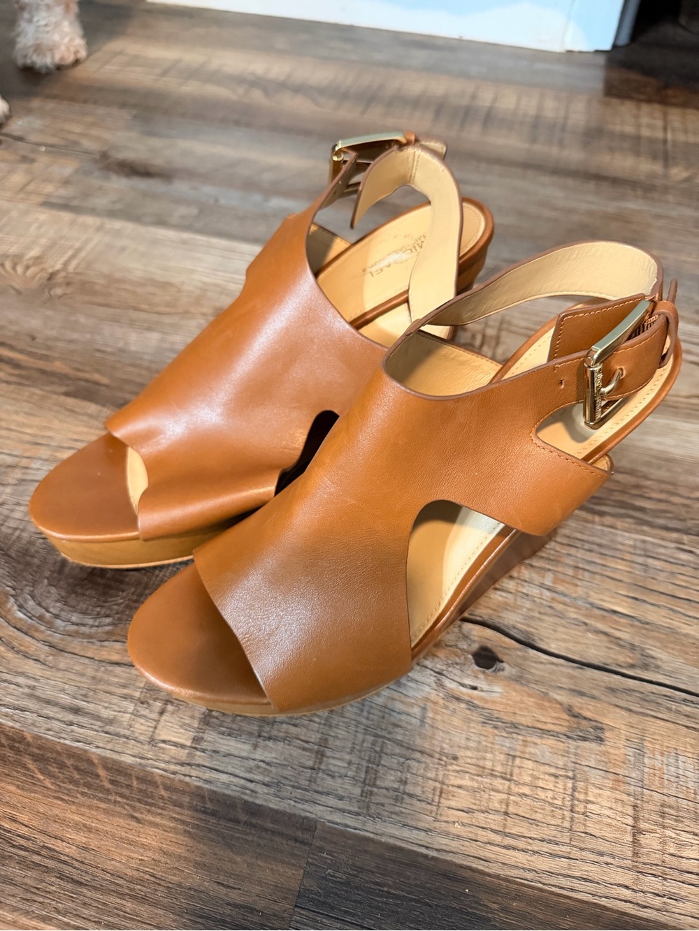Michael Kors Cognac Leather Open-Toe Wedge Sandals